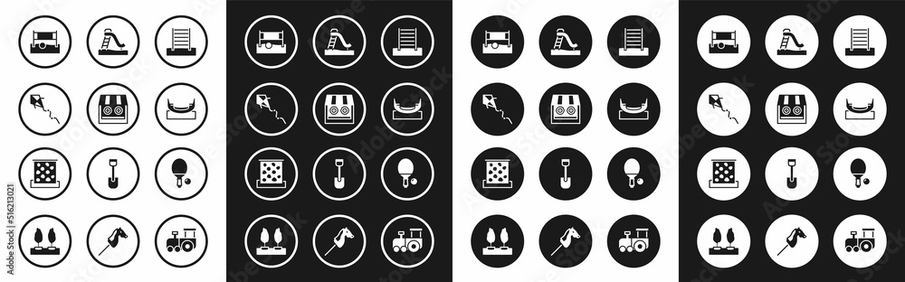 Set Swedish wall, Shooting gallery, Kite, Volleyball net with ball, Boat swing, Kid slide, Racket and and Climbing icon. Vector