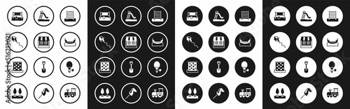 Set Swedish wall, Shooting gallery, Kite, Volleyball net with ball, Boat swing, Kid slide, Racket and and Climbing icon. Vector