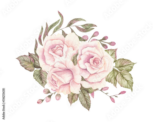 watercolor bouquet hand-drawn with roses on white background, vintage pastel flowers