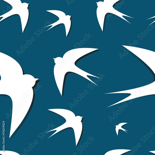 Seamless pattern with swallow. Flying swallow bird on blue background, Vector seamless pattern. Blue  pattern with white swallows. Pattern for baby fabric