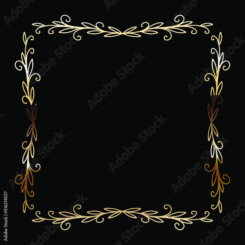 Golden Luxury Calligraphic Frame. Hand Drawn Golden Shiny Border for Menu, Sertificate, Greeting Cards or Classic Wedding Design. Vector Illustration.
