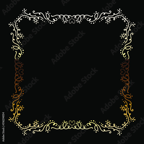 Golden Luxury Calligraphic Frame. Hand Drawn Golden Shiny Border for Menu, Sertificate, Greeting Cards or Classic Wedding Design. Vector Illustration.