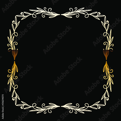 Golden Luxury Calligraphic Frame. Hand Drawn Golden Shiny Border for Menu, Sertificate, Greeting Cards or Classic Wedding Design. Vector Illustration.
