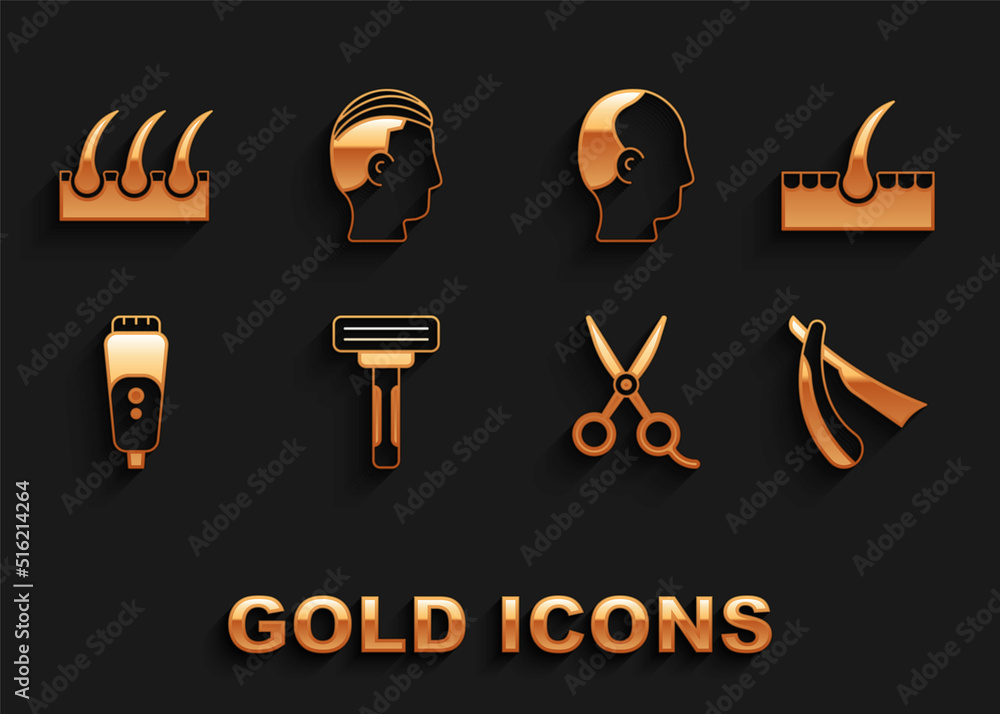 Set Shaving razor, Human hair follicle, Straight, Scissors hairdresser, Electric blade, Baldness, and Hairstyle for men icon. Vector Set Shaving razor, Human hair follicle, Straight, Scissors hairdresser, Electric blade, Baldness, and Hairstyle for men icon. Vector