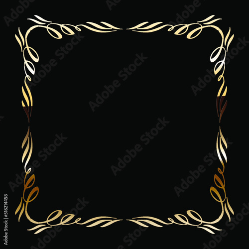 Golden Luxury Calligraphic Frame. Hand Drawn Golden Shiny Border for Menu, Sertificate, Greeting Cards or Classic Wedding Design. Vector Illustration.