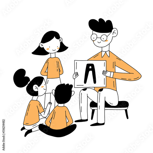 Parenting, education, father-child illustrations (communication, online, study, learning, play, teaching, stay home, home learning) Hand drawn outline illustration