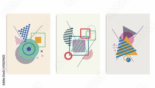 Colorful geometric pattern in pop art style with bright bold block squiggles. Colorful material design background in pink yellow blue green black and white. Prospectus, poster, magazine, playbill