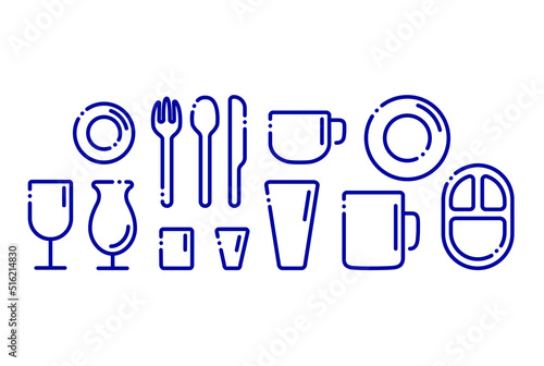 Vector icon set of different dishes. Flat design simple illustrations of cup, mug, plates, wineglass and other tableware.