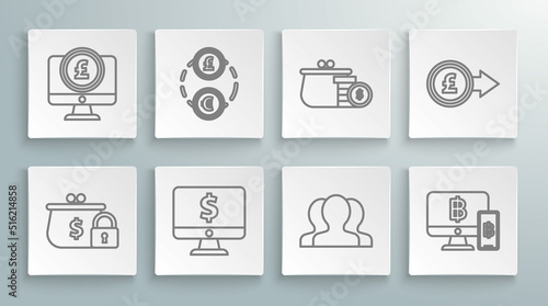 Set line Closed wallet with lock, Money exchange, Computer monitor dollar symbol, Users group, mobile phone and bitcoin, Wallet coins, Coin money pound sterling and icon. Vector