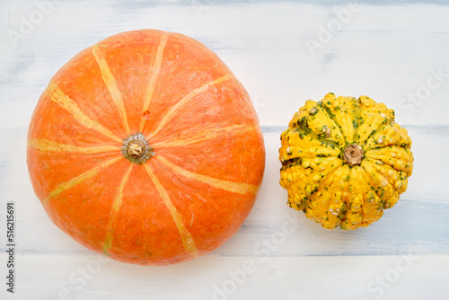 Two decorative pumpkin on a wooden white background of boards, close-up