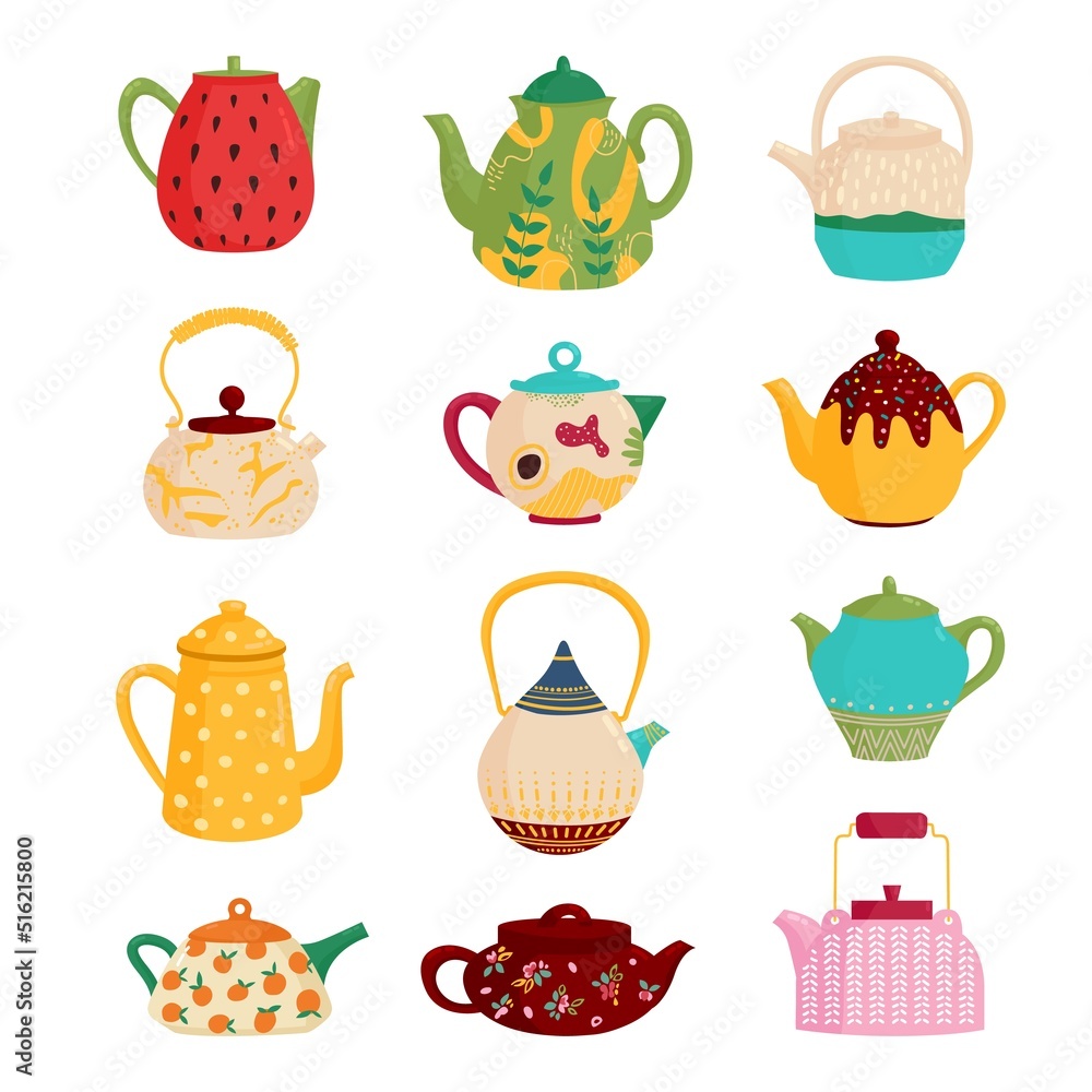 Cute cartoon teapots. Isolated teapot collection, pitcher for tea. Kitchen decorative kettle, household elements. Vintage kitchenware classy vector set Cute cartoon teapots. Isolated teapot collection, pitcher for tea. Kitchen decorative kettle, household elements. Vintage kitchenware classy vector set