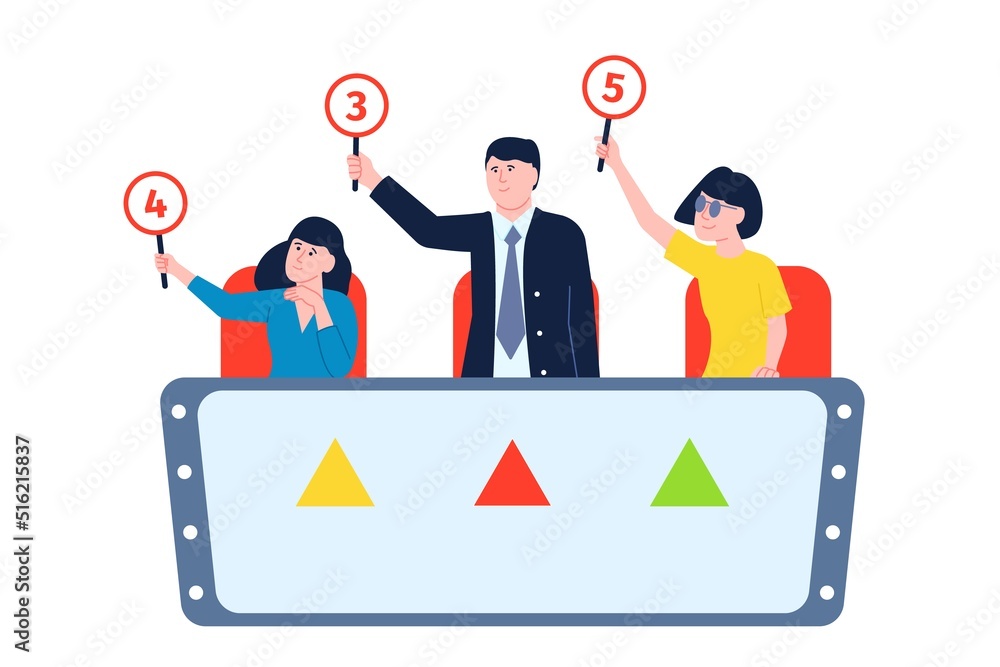 Jury show. Professional judges sitting on contest or television competition. Isolated music talent competitive, entertainment judge recent vector characters Jury show. Professional judges sitting on contest or television competition. Isolated music talent competitive, entertainment judge recent vector characters