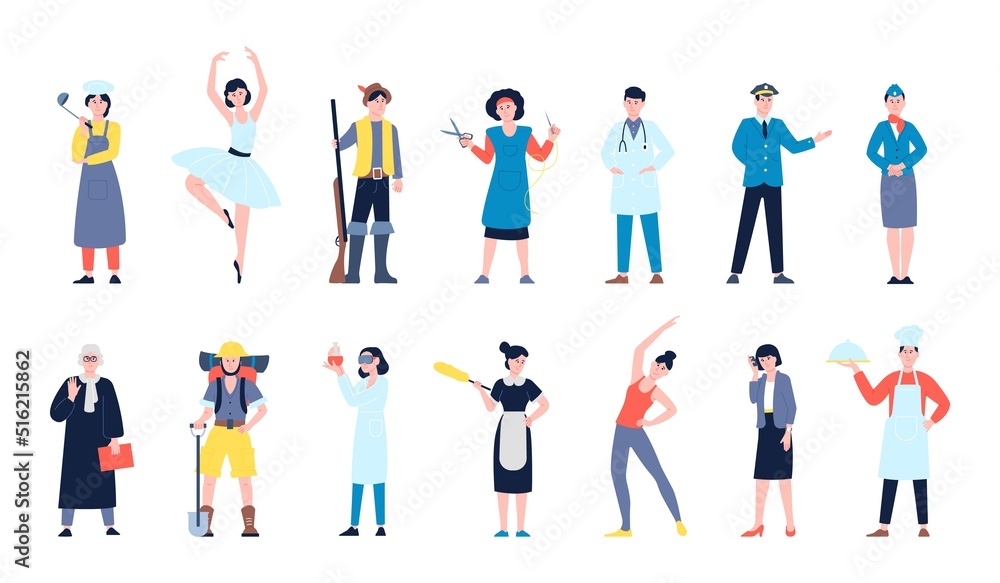 Professional diversity characters. Mix professionals, various people occupations. Pilot, student scientist and flat doctor. Professions recent vector set