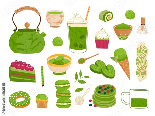 Matcha tea set. Oriental biscuits, japanese macarons and warm latte. Plant ingredients desserts, green beverages and drinks. Asian classy vector set
