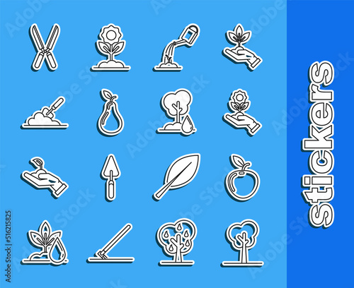 Set line Tree, Apple, Hand holding flower, Watering can with water, Pear, Garden trowel spade or shovel the ground, Gardening handmade scissors for trimming and icon. Vector