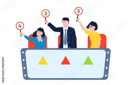 Jury show. Professional judges sitting on contest or television competition. Isolated music talent competitive, entertainment judge recent vector characters