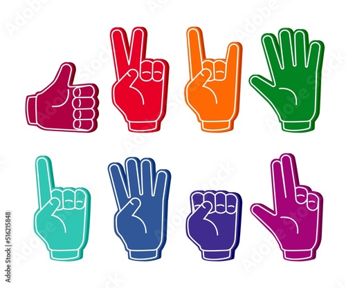 Foam finger. Athletics sport fan cheer tools, fans team accessories. Number one sport hands, football cheerleaders elements. Support soccer recent vector set