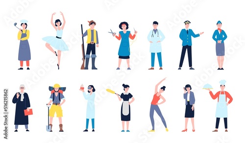 Professional diversity characters. Mix professionals, various people occupations. Pilot, student scientist and flat doctor. Professions recent vector set