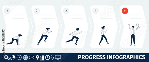 Woman work progress. Triumph businessperson, girl promoted to business goals. Businesswoman infographics, corporate leader growth recent vector concept