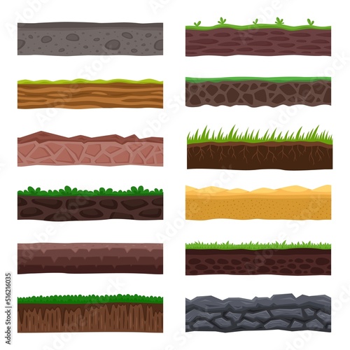 Cartoon seamless grounds. Earth, ground floor, field and garden textures. Sand beach and stone medieval soil, dirt landscape garish vector pattern