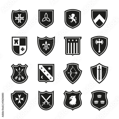 Heraldic shields icons. Protection icon, shield safeguarding of honor. Antivirus sign, various shielding badges of army, firewall, protect tidy vector set