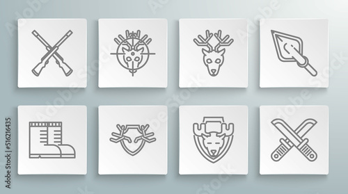 Set line Hunter boots, on deer with crosshairs, Deer antlers shield, Moose head, Crossed hunter knife, Hipster arrow tip and Two crossed shotguns icon. Vector