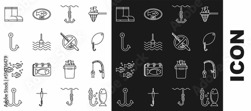 Set line Fishing, rod and fish, spoon, hook under water, float, boots and No fishing icon. Vector