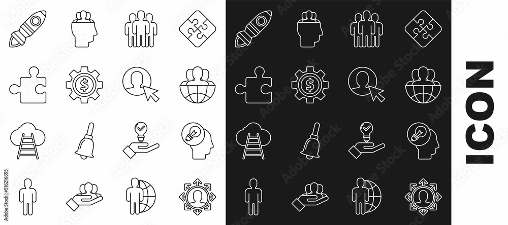 Set line Project team base, Human head with lamp bulb, Globe and people, Users group, Gear dollar symbol, Piece of puzzle, Rocket ship fire and in business suit icon. Vector