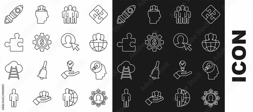 Naklejka premium Set line Project team base, Human head with lamp bulb, Globe and people, Users group, Gear dollar symbol, Piece of puzzle, Rocket ship fire and in business suit icon. Vector