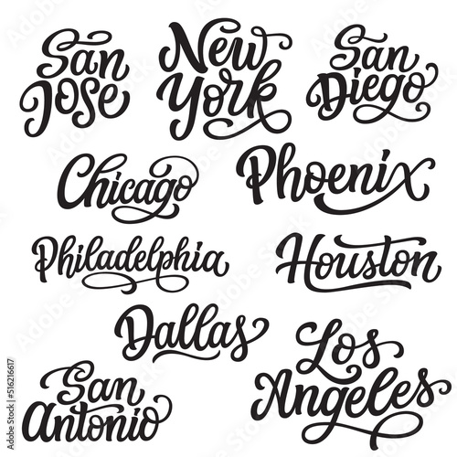 US cities, hand lettering. New York, Los Angeles, Dallas, San Diego etc. Vector typography for t shirts, caps, souvenirs