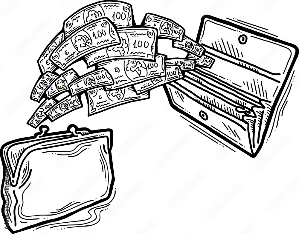 Money cash flying into and out of wallet. Income transfer, currency revenue, inflation and deflation, finance and business theme. Hand drawing vector illustration. Cartoon style line drawing. Money cash flying into and out of wallet. Income transfer, currency revenue, inflation and deflation, finance and business theme. Hand drawing vector illustration. Cartoon style line drawing.