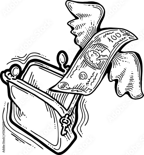 Money cash flying into and out of wallet. Income transfer, currency revenue, inflation and deflation, finance and business theme. Hand drawing vector illustration. Cartoon style line drawing.