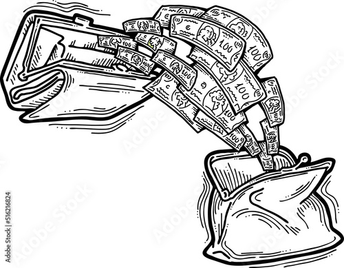 Money cash flying into and out of wallet. Income transfer, currency revenue, inflation and deflation, finance and business theme. Hand drawing vector illustration. Cartoon style line drawing.