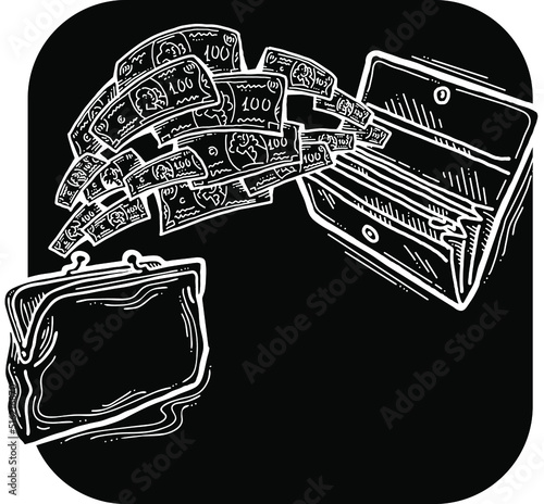 Money cash flying into out of wallet. Income transfer, currency revenue, inflation and deflation, finance and business theme. Hand drawing illustration. Cartoon chalkboard style line vector drawing.