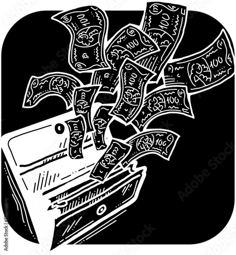 Money cash flying into out of wallet. Income transfer, currency revenue, inflation and deflation, finance and business theme. Hand drawing illustration. Cartoon chalkboard style line vector drawing.