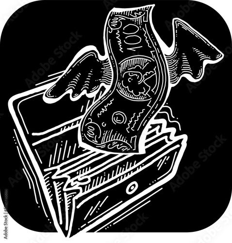 Money cash flying into out of wallet. Income transfer, currency revenue, inflation and deflation, finance and business theme. Hand drawing illustration. Cartoon chalkboard style line vector drawing.