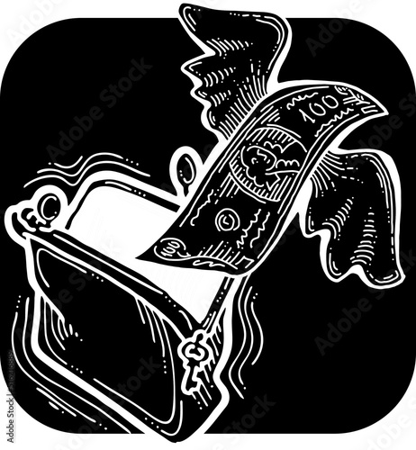 Money cash flying into out of wallet. Income transfer, currency revenue, inflation and deflation, finance and business theme. Hand drawing illustration. Cartoon chalkboard style line vector drawing.