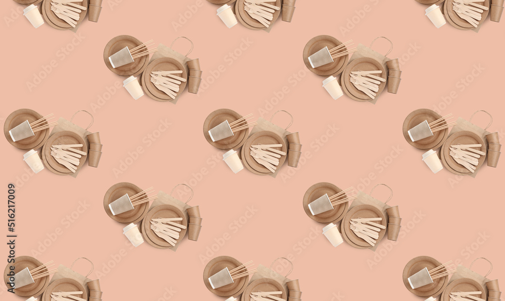 Many disposable paper tableware on beige background, flat lay. Seamless pattern design Many disposable paper tableware on beige background, flat lay. Seamless pattern design