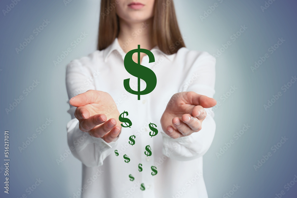 Woman demonstrating virtual dollar signs on light background, closeup Woman demonstrating virtual dollar signs on light background, closeup