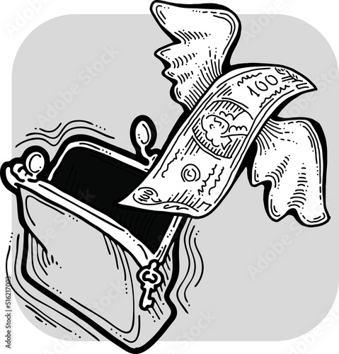 Money cash flying into and out of wallet. Income transfer, currency revenue, inflation and deflation, finance and business theme. Hand drawing vector illustration. Cartoon style line drawing.