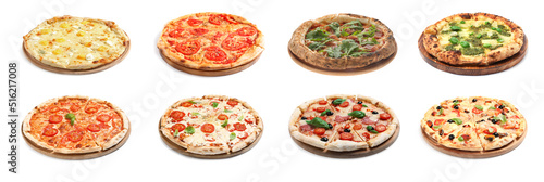 Set with different delicious pizzas on white background. Banner design
