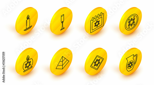 Set line Decanter with star of david, Star David, Egypt pyramids, Burning candle in candlestick, Jewish coin, calendar, goblet and icon. Vector