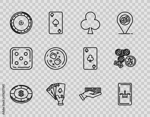 Set line Casino chip with dollar symbol, Joker playing card, Playing clubs, Hand holding cards, roulette wheel, Glass of whiskey ice cubes, deck and chips, game dice glass icon. Vector
