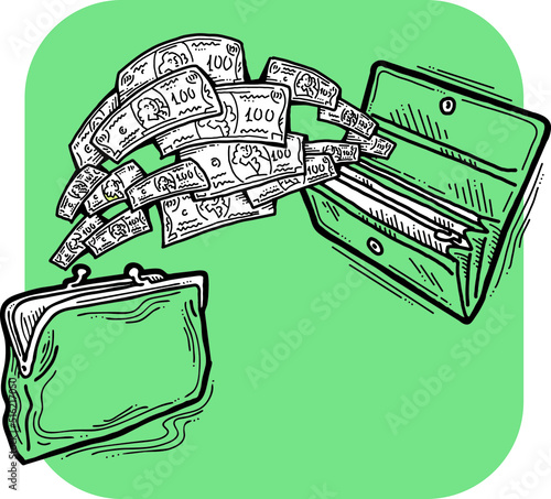 Money cash flying into and out of wallet. Income transfer, currency revenue, inflation and deflation, finance and business theme. Hand drawing vector illustration. Cartoon style line drawing.