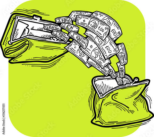 Money cash flying into and out of wallet. Income transfer, currency revenue, inflation and deflation, finance and business theme. Hand drawing vector illustration. Cartoon style line drawing.