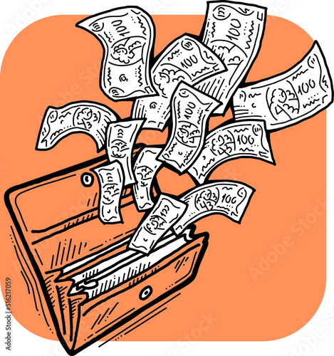 Money cash flying into and out of wallet. Income transfer, currency revenue, inflation and deflation, finance and business theme. Hand drawing vector illustration. Cartoon style line drawing.