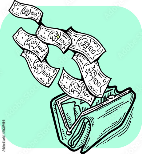 Money cash flying into and out of wallet. Income transfer, currency revenue, inflation and deflation, finance and business theme. Hand drawing vector illustration. Cartoon style line drawing.