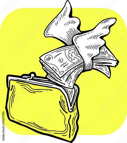 Money cash flying into and out of wallet. Income transfer, currency revenue, inflation and deflation, finance and business theme. Hand drawing vector illustration. Cartoon style line drawing.