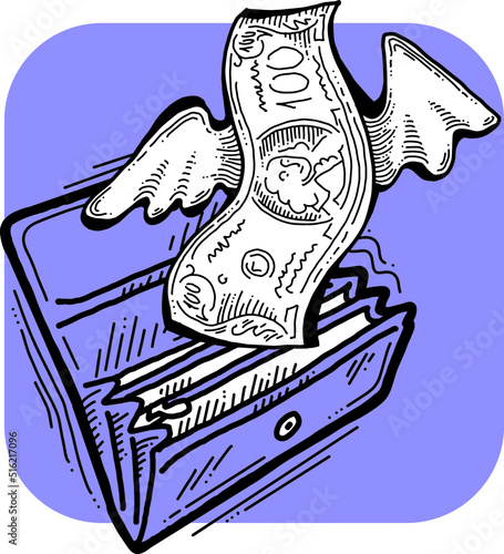 Money cash flying into and out of wallet. Income transfer, currency revenue, inflation and deflation, finance and business theme. Hand drawing vector illustration. Cartoon style line drawing.