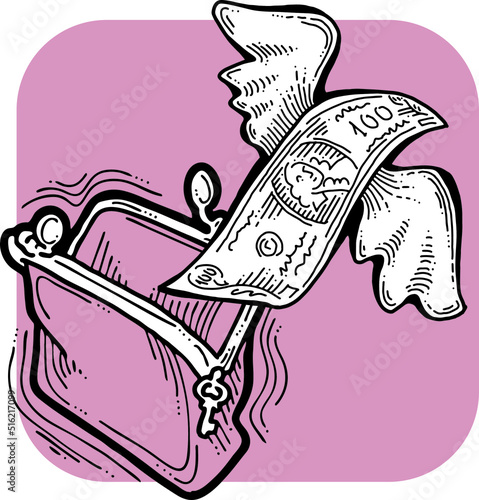 Money cash flying into and out of wallet. Income transfer, currency revenue, inflation and deflation, finance and business theme. Hand drawing vector illustration. Cartoon style line drawing.